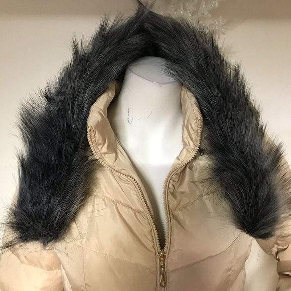 Beige Tan Long Spring Coat Jacket Puffer Removable Hood Faux Fox Fur NWOT Fall - Picture 4 of 4